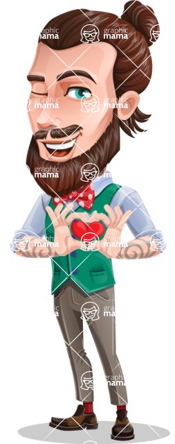 Guy with Man Bun Cartoon Vector Character - Hipster Cartoon Character With Heart Graphic